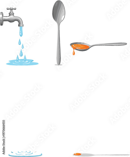 Water Faucet, Spoon, and Liquid Drip Vector Set for Kitchen, Household, and Hygiene Design
