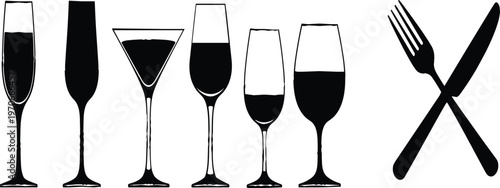 Glassware and Cutlery Vector Set with Wine, Champagne, Cocktail Glasses, Fork, and Knife for Dining and Restaurant Design