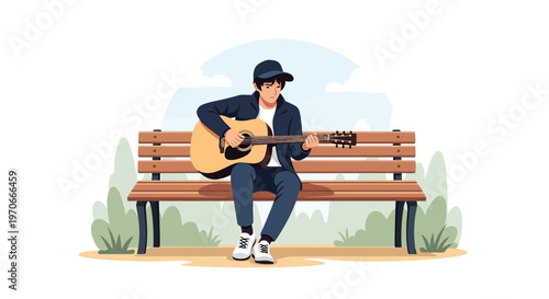 Young Man Playing Acoustic Guitar On Park Bench