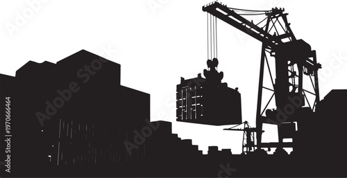 Industrial Silhouette of Crane and Buildings in Construction Site Area