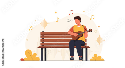 Young Man Playing Guitar And Singing On Park Bench Outdoor Serenade