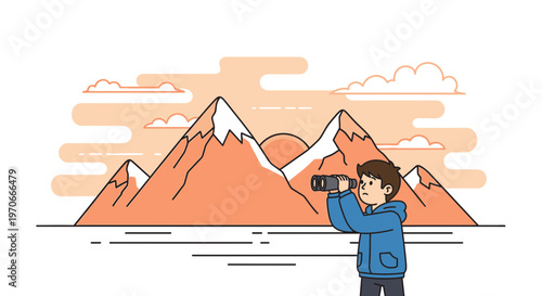 Young Explorer Gazing Through Binoculars at Majestic Snow-Capped Mountains