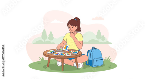Young Girl Engaged In Card Game Activity Outdoors Next To Backpack