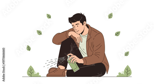 Young Man Sprays Bug Repellent While Sitting Amidst Falling Leaves