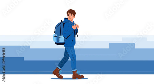 Young Man With Backpack Walking On Abstract City Background Youthful Exploration