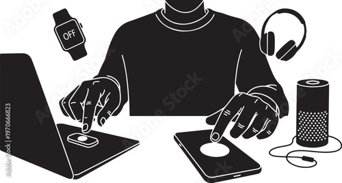 Person interacting with smart devices and wearable technology