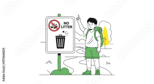 Young Hiker Learns About Keeping Nature Clean Near Sign