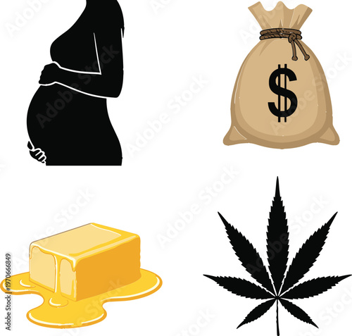 Conceptual Vector Set with Pregnant Woman, Money Bag, Butter, and Cannabis Leaf Icons for Lifestyle and Symbolic Designs