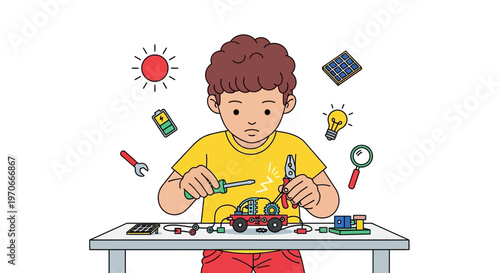 Young Inventor Building Futuristic Solar Powered Car Innovation And Future Tech Dreams