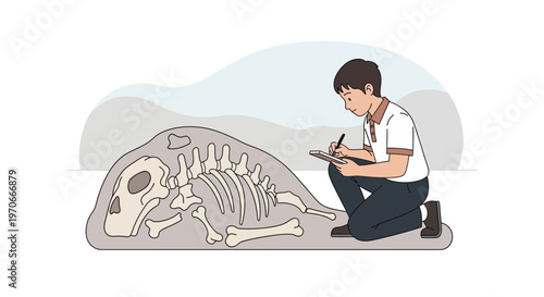 Young Paleontologist Studies Ancient Dinosaur Fossil Discovery