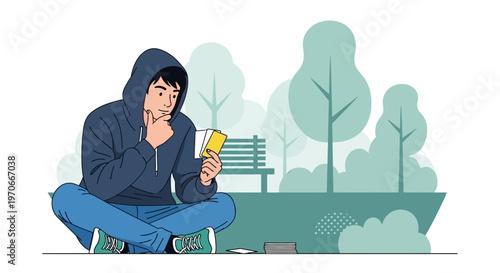 Young Person Contemplating Cards Outdoors In A Stylized Park Setting