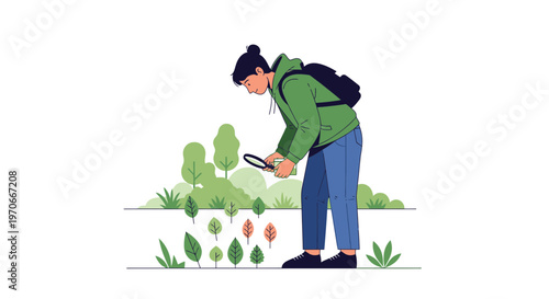 Young Person Explores Nature With Magnifying Glass And Backpack