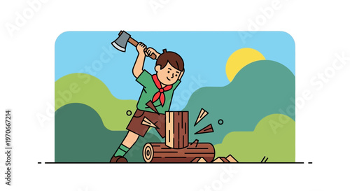 Young Scout Skillfully Chopping Wood In A Vibrant Forest Setting