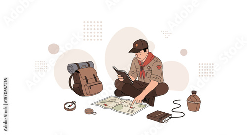 Young Scout Studying Map and Planning Adventure Outdoors