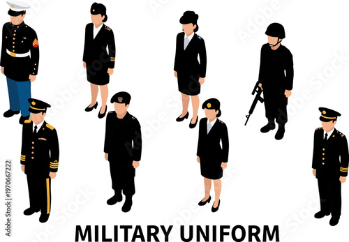 Black silhouette vector illustration of diverse military personnel in formal, service, and combat uniforms symbolizing armed forces discipline