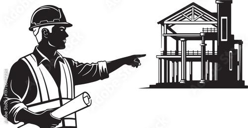 Construction worker pointing at house blueprints in hand illustration