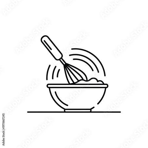 Outline drawing of whisk blending ingredients in a bowl creating swirls effect, representing cooking process, baking preparation, or mixing batter.