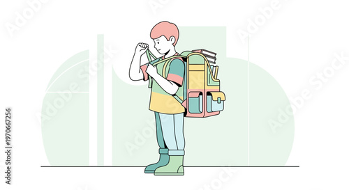 Young Student Adjusts Heavy Backpack Ready For Learning Adventure