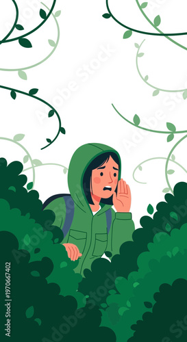 Young Person Lost Among Verdant Overgrowth Whispering Cautiously