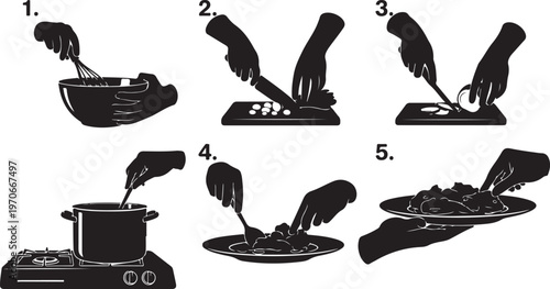 Step by step cooking process with utensils and pots illustrated