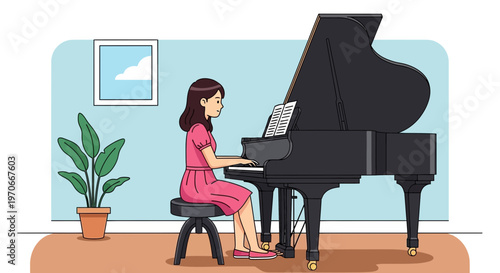 Young Person Practicing Grand Piano Melodies In Cozy Room