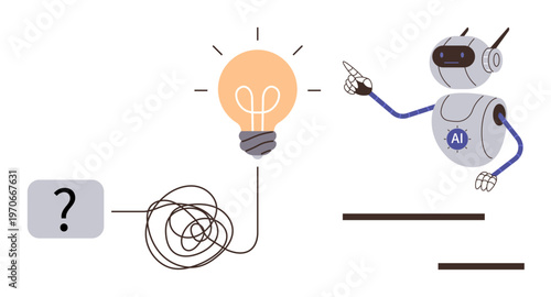 Problem-solving, artificial intelligence, innovation, robotics, digital transformation, future technology. An AI robot pointing to a glowing lightbulb overcoming a tangled path. Problem-solving