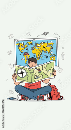 Young Traveler Planning Global Adventure With World Map And Backpack Ready For Exploration