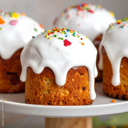 A close-up of four sweet breads with white icing and colorful sprinkles