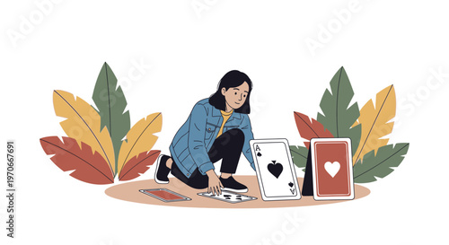 Young Woman Arranging Playing Cards Enthusiastic Hobbyist Enjoying A Game