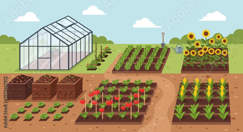 Thriving Garden: A vibrant illustration showcasing the charm of a flourishing garden, featuring an array of crops and plants. It features a greenhouse that nurtures plant life