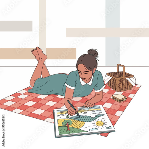 Young Woman Enjoys A Creative Picnic Drawing Session Outdoors
