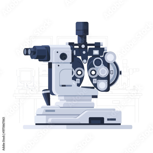 Phoropter Optometry Equipment Vector Illustration, Professional Eye Examination Medical Device for Vision Testing and Ophthalmology Clinic Diagnostics