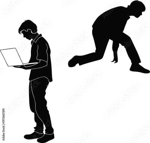 Black silhouette of man using laptop and man in starting block position, business competition and technology concept vector, male figures set