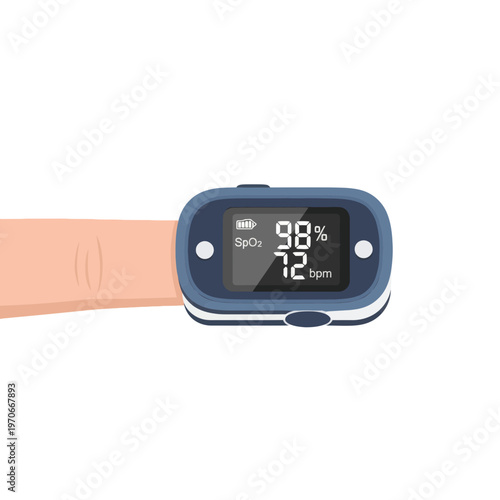 Pulse Oximeter Finger Device Vector Illustration, Portable Digital Blood Oxygen Saturation Monitor for Medical Health Checkup and Vital Signs Measurement on White Background