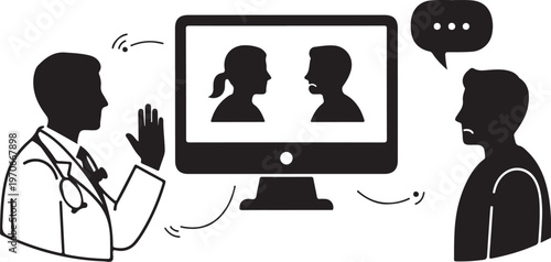 Doctor and patient in telemedicine consultation with silhouettes on screen