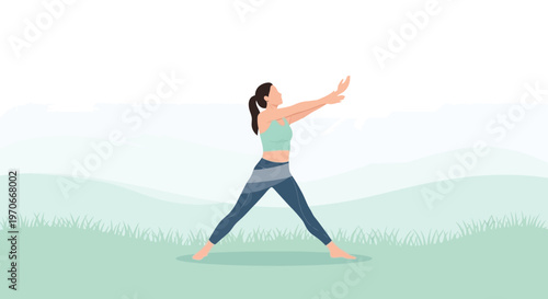 Young Woman Practicing Yoga In A Serene Outdoor Landscape With Hills