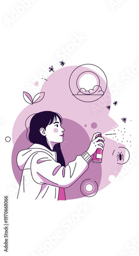Young Woman Spraying Insect Repellent For Protection Against Pests And Disease