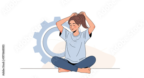 Young Woman Tying Her Hair Ponytail While Sitting In Lotus Pose With Gear Illustration