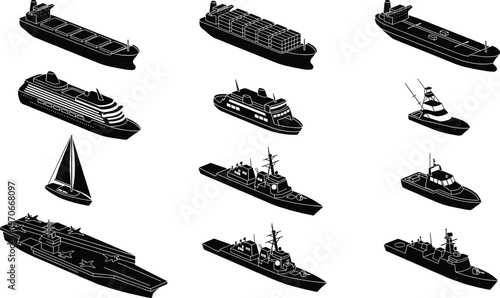 Black silhouette vector illustration pack featuring twelve ship and boat types including cargo, cruise, fishing, sail, and military vessels