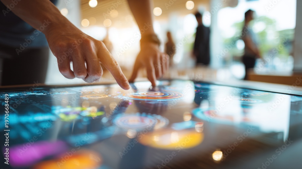 Fototapeta premium Hands pointing and interacting with an illuminated touch screen interface, showcasing modern technology and digital controls