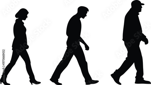 Black silhouettes of people walking, set of three diverse pedestrian figures in motion, casual men and woman walking vector graphics
