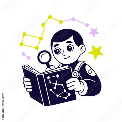 Young aspiring astronomer boy studying constellations in a book with a magnifying glass featuring vibrant yellow and purple star graphics in a charming flat vector style
