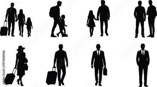 Black silhouette vector illustration of diverse travelers including families, solo commuters, and business professionals with luggage, backpacks, and briefcases in social and travel scenarios