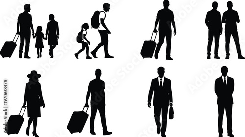Black silhouette vector illustration of diverse travelers including families, solo commuters, and business professionals with luggage, backpacks, and briefcases in various poses