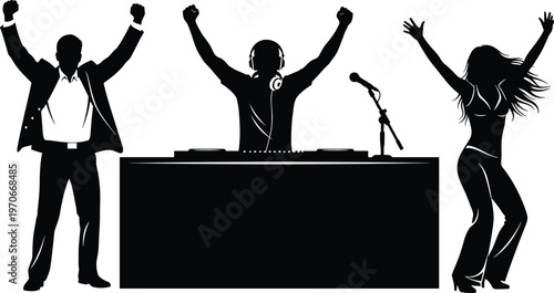 Black silhouette vector illustration of DJ at booth with microphone and dancing people raising arms, symbolizing party celebration, music event, and energetic movement