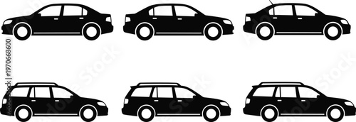 Black silhouette vector illustration of six cars including sedans and station wagons with roof racks, showing automotive design variations and vehicle classification concepts