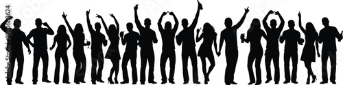 Black silhouette vector illustration of people standing, raising arms, holding drinks, and dancing together, symbolizing party celebration, social gathering, and group interaction