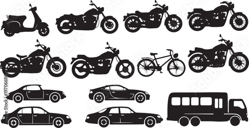 Silhouettes of various vehicles and bicycles in black and white