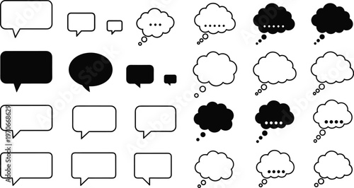 Black silhouette vector illustration of speech and thought bubbles in multiple styles including rectangular, oval, and cloud shapes for comics, dialogue, and graphic design