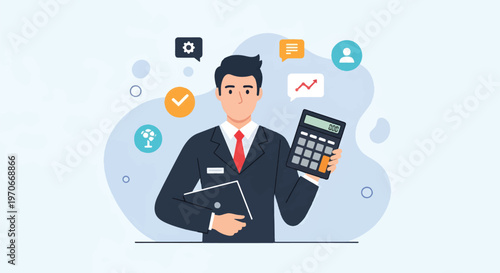 A modern businessman holding a tablet and calculator surrounded by business icons in a flat vector illustration for marketing and finance concepts.